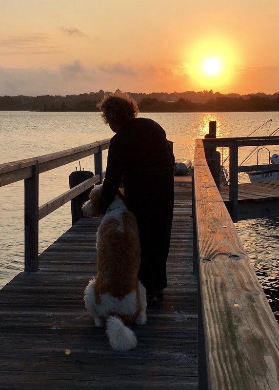 Looking at the sunset with her boy, an F1b parti colored Goldendoodle